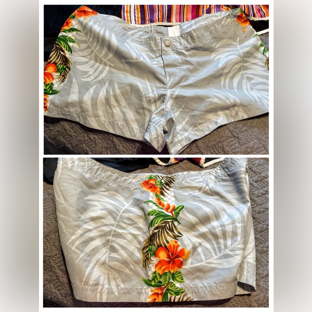 INGEAR Swim Board Shorts, Grey & White w/Orange Hawaiian Floral Print